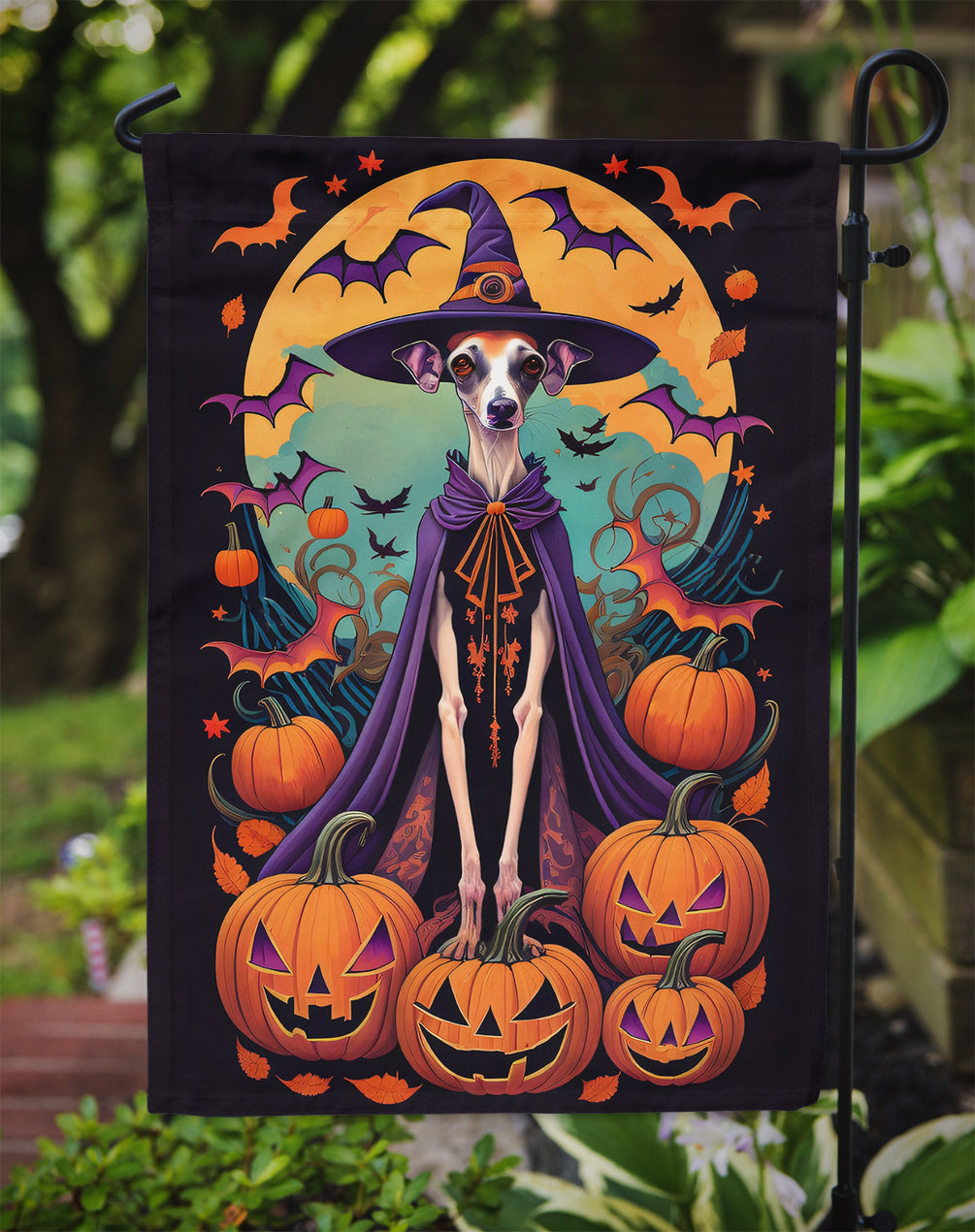 Italian Greyhound Witchy Halloween Garden Flag – Witch Dog with Pumpkins, Bats & Jack-o'-Lanterns