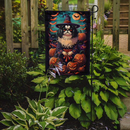 Japanese Chin Witchy Halloween Garden Flag – Witch Dog with Pumpkins, Bats & Jack-o'-Lanterns