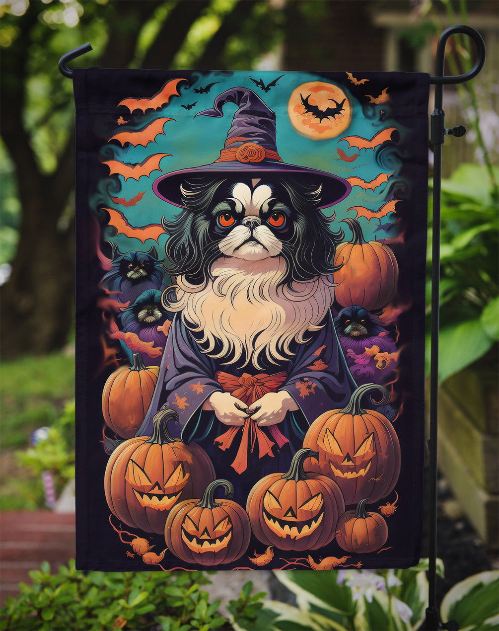 Japanese Chin Witchy Halloween Garden Flag – Witch Dog with Pumpkins, Bats & Jack-o'-Lanterns