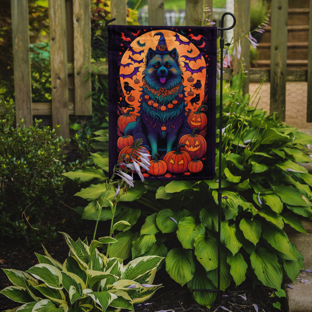 Keeshond Witchy Halloween Garden Flag – Witch Dog with Pumpkins, Bats & Jack-o'-Lanterns