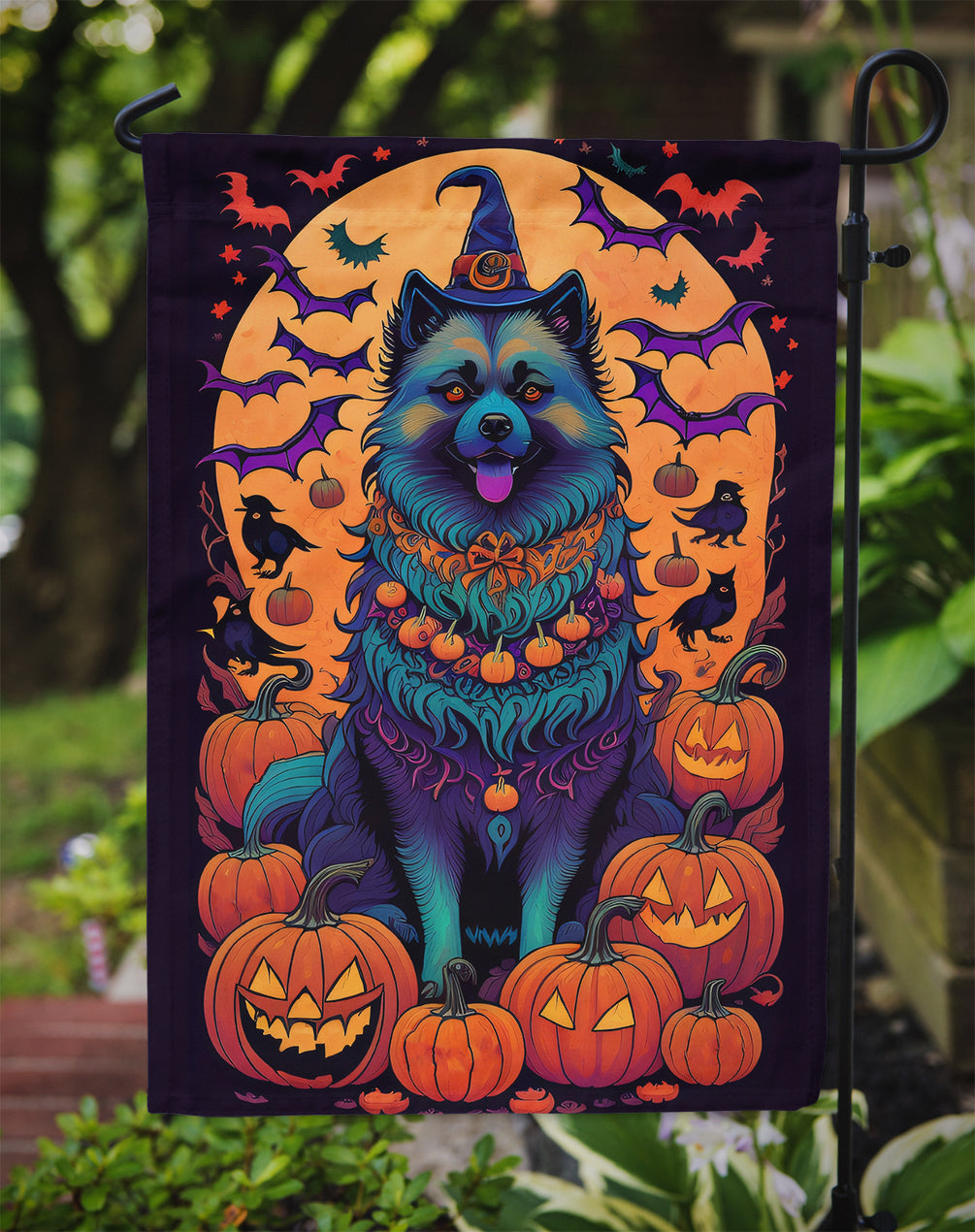 Keeshond Witchy Halloween Garden Flag – Witch Dog with Pumpkins, Bats & Jack-o'-Lanterns