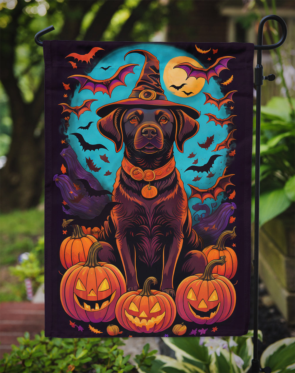 Chocolate Labrador Retriever Witchy Halloween Garden Flag – Witch Dog with Pumpkins, Bats & Jack-o'-Lanterns