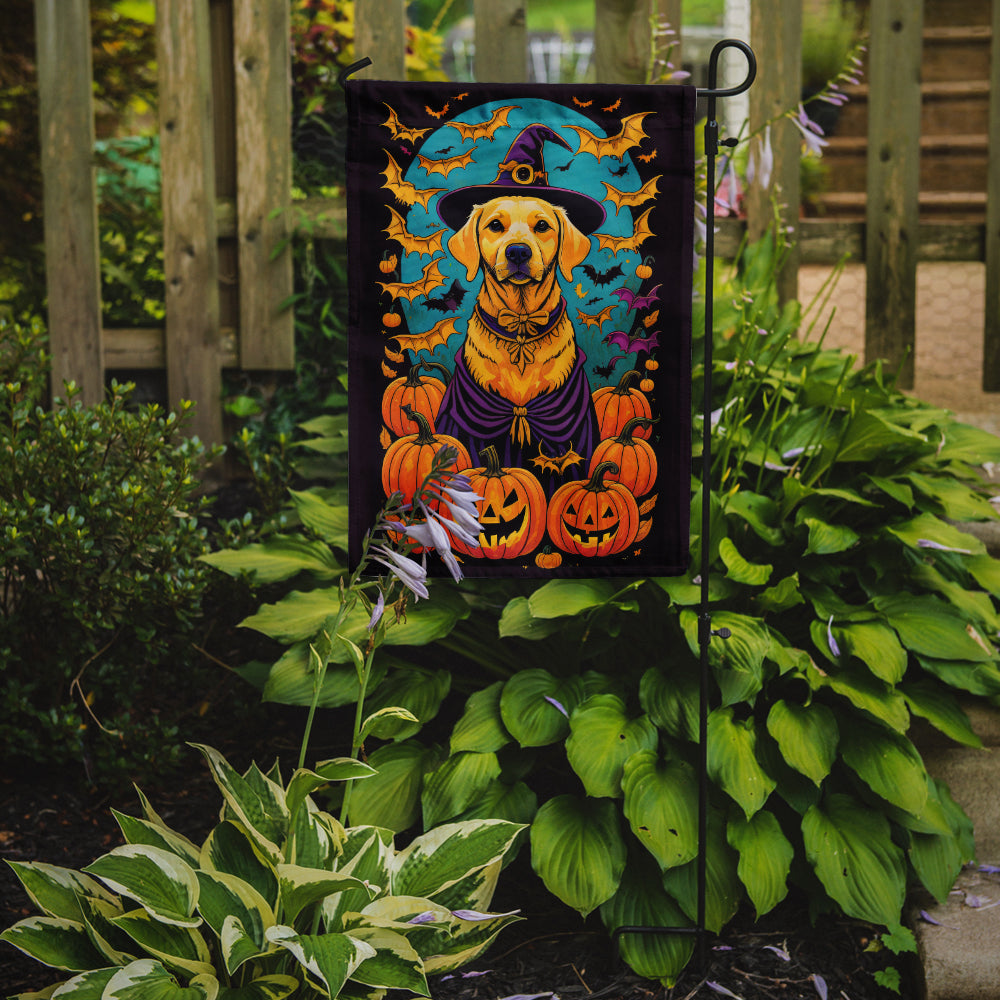 Yellow Labrador Retriever Witchy Halloween Garden Flag – Witch Dog with Pumpkins, Bats & Jack-o'-Lanterns