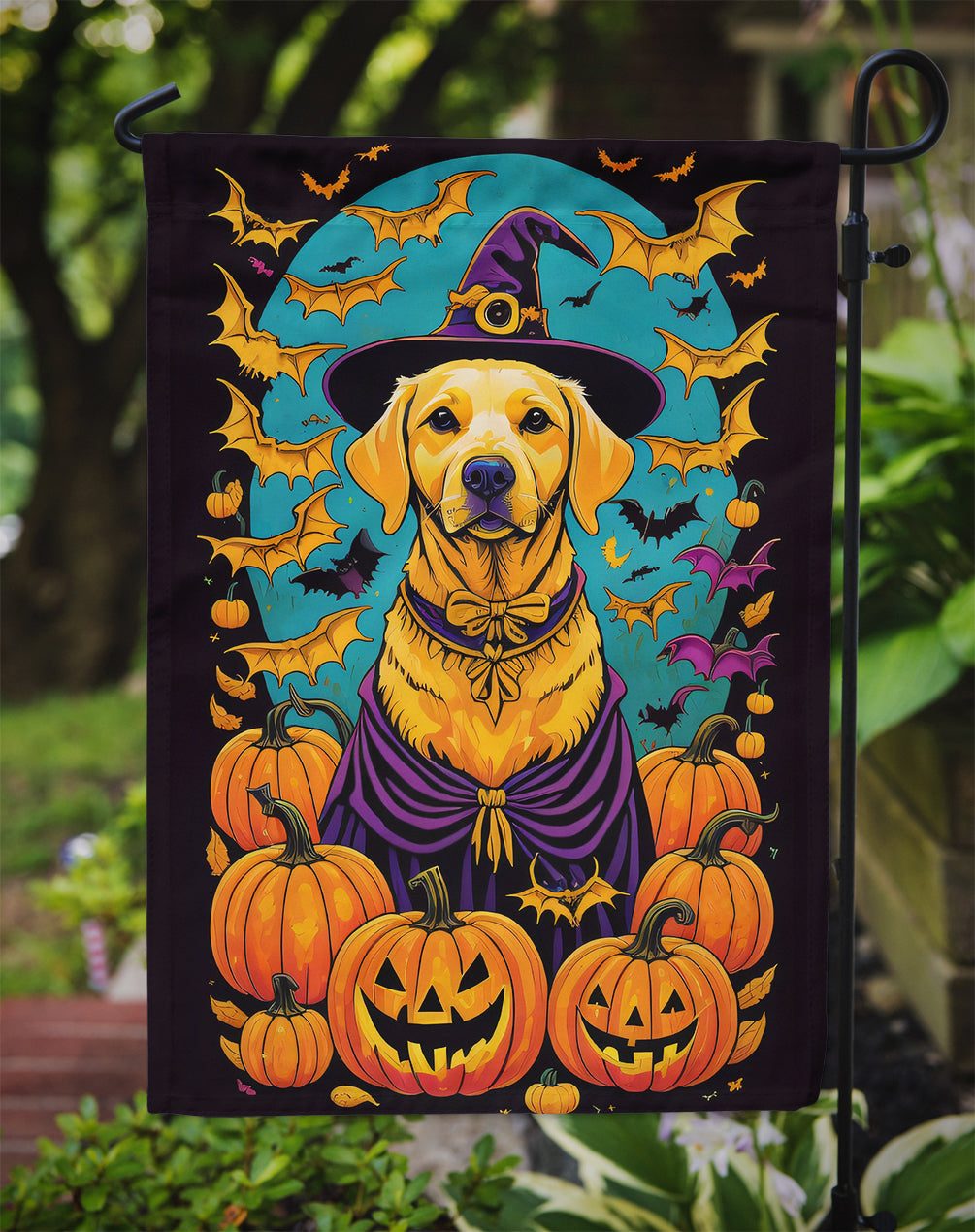 Yellow Labrador Retriever Witchy Halloween Garden Flag – Witch Dog with Pumpkins, Bats & Jack-o'-Lanterns