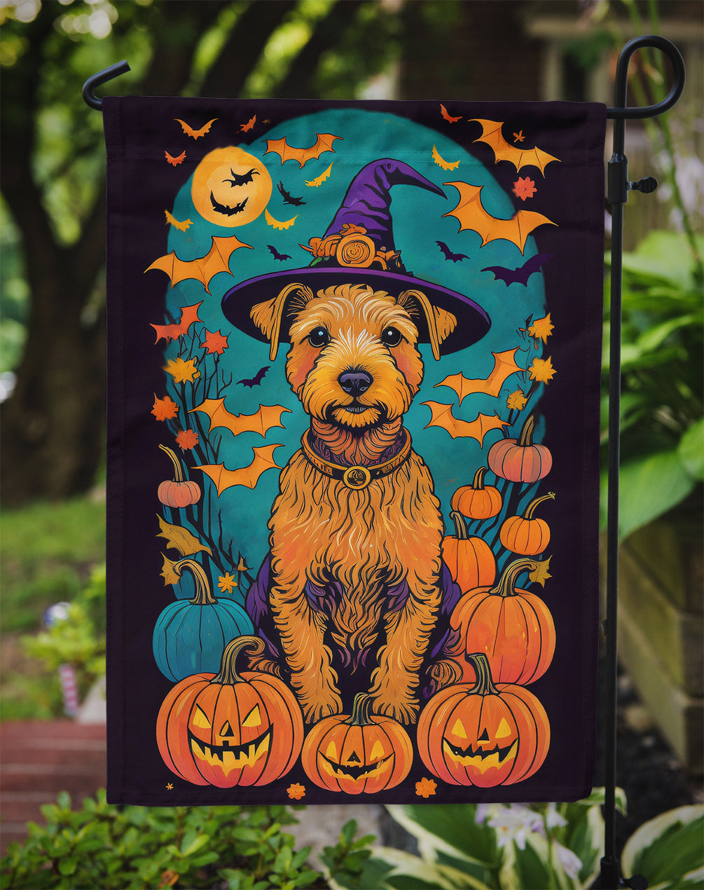 Lakeland Terrier Witchy Halloween Garden Flag – Witch Dog with Pumpkins, Bats & Jack-o'-Lanterns