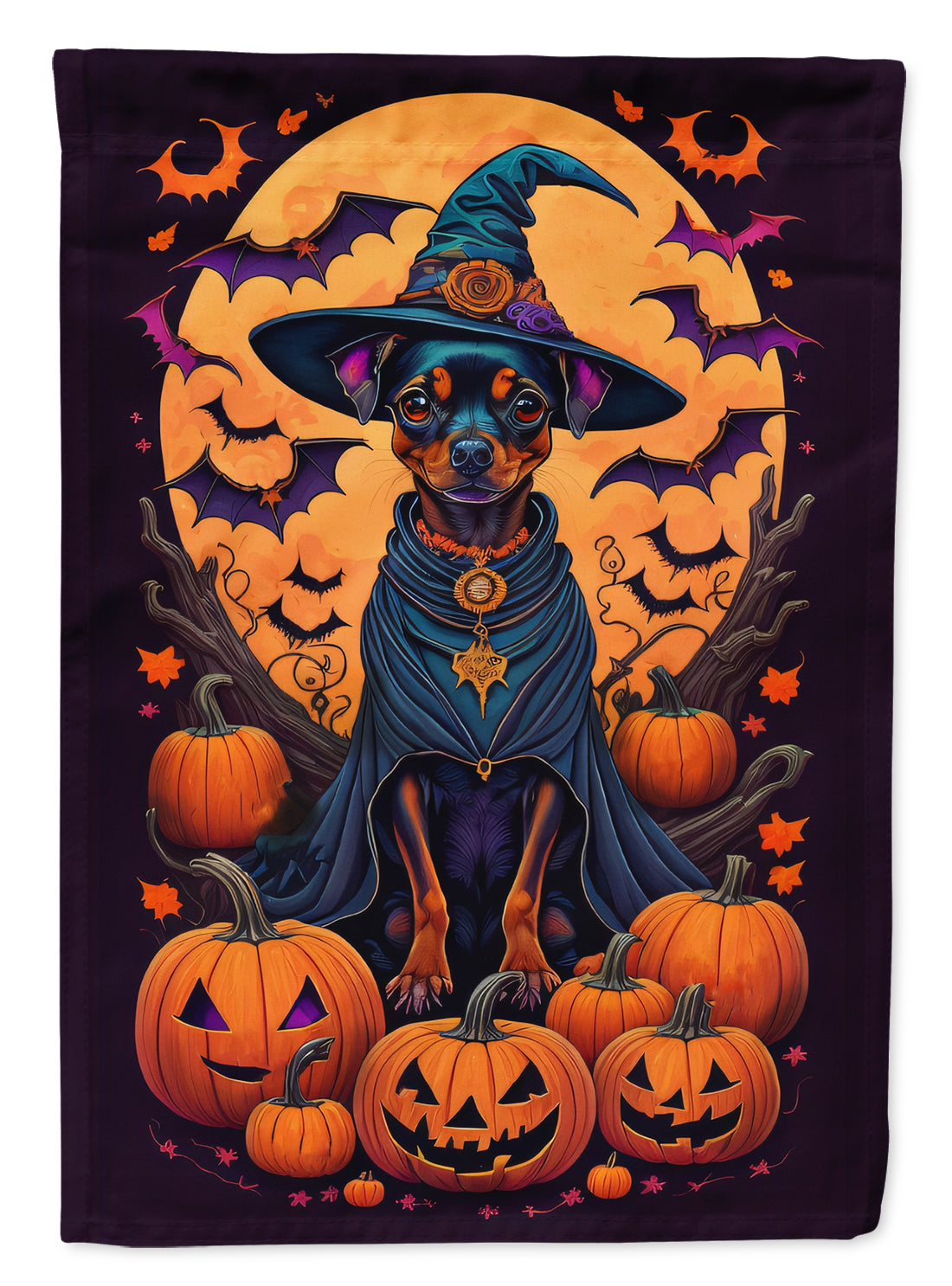 Miniature Pinscher Witchy Halloween Garden Flag – Witch Dog with Pumpkins, Bats & Jack-o'-Lanterns
