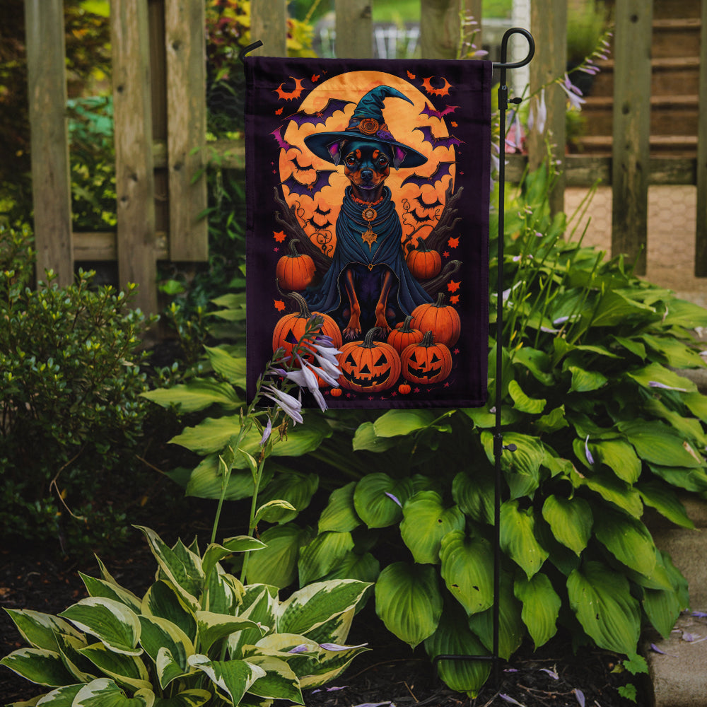 Miniature Pinscher Witchy Halloween Garden Flag – Witch Dog with Pumpkins, Bats & Jack-o'-Lanterns