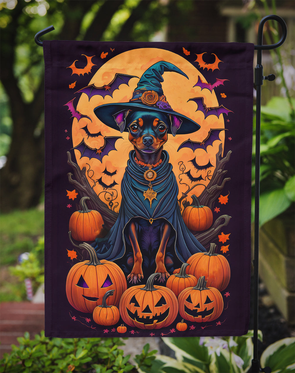 Miniature Pinscher Witchy Halloween Garden Flag – Witch Dog with Pumpkins, Bats & Jack-o'-Lanterns