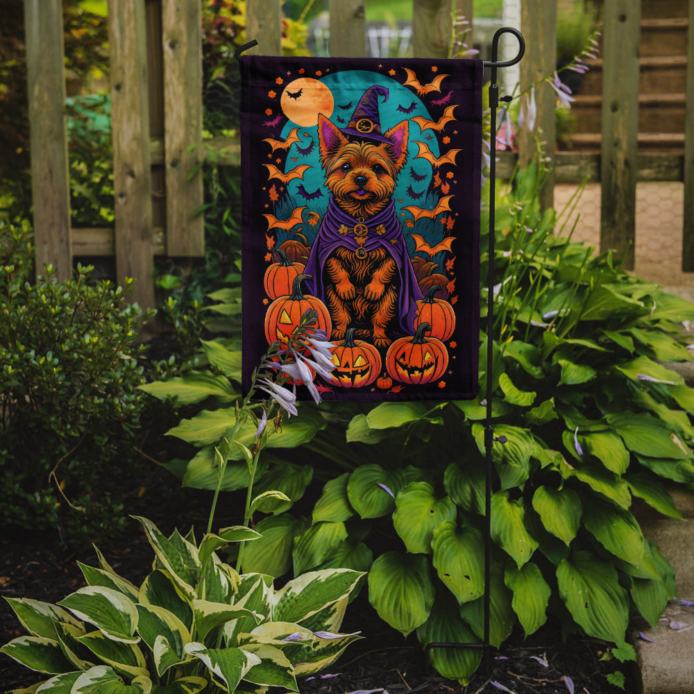 Norwich Terrier Witchy Halloween Garden Flag – Witch Dog with Pumpkins, Bats & Jack-o'-Lanterns