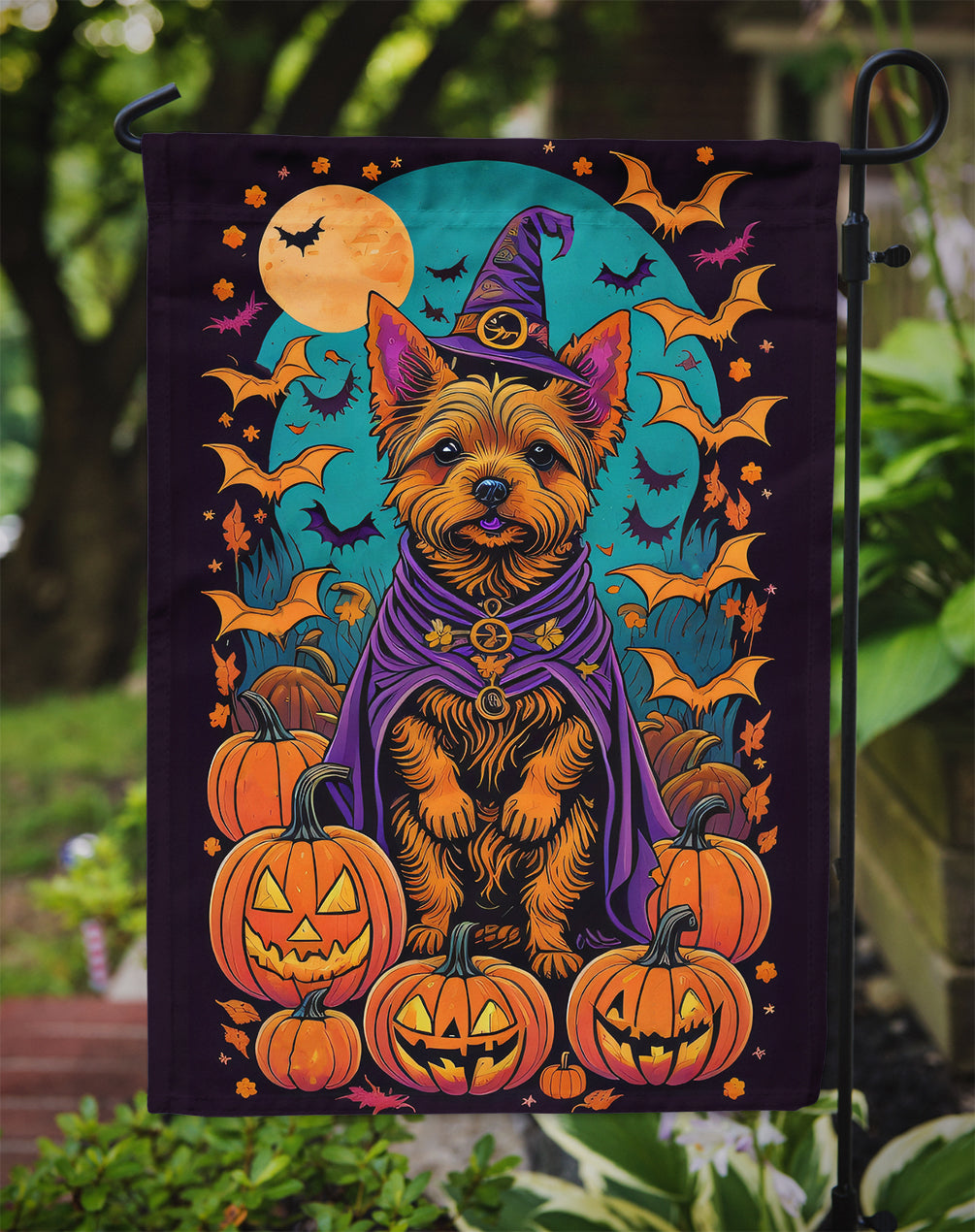 Norwich Terrier Witchy Halloween Garden Flag – Witch Dog with Pumpkins, Bats & Jack-o'-Lanterns