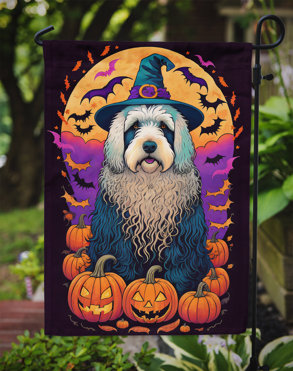 Old English Sheepdog Witchy Halloween Garden Flag – Witch Dog with Pumpkins, Bats & Jack-o'-Lanterns
