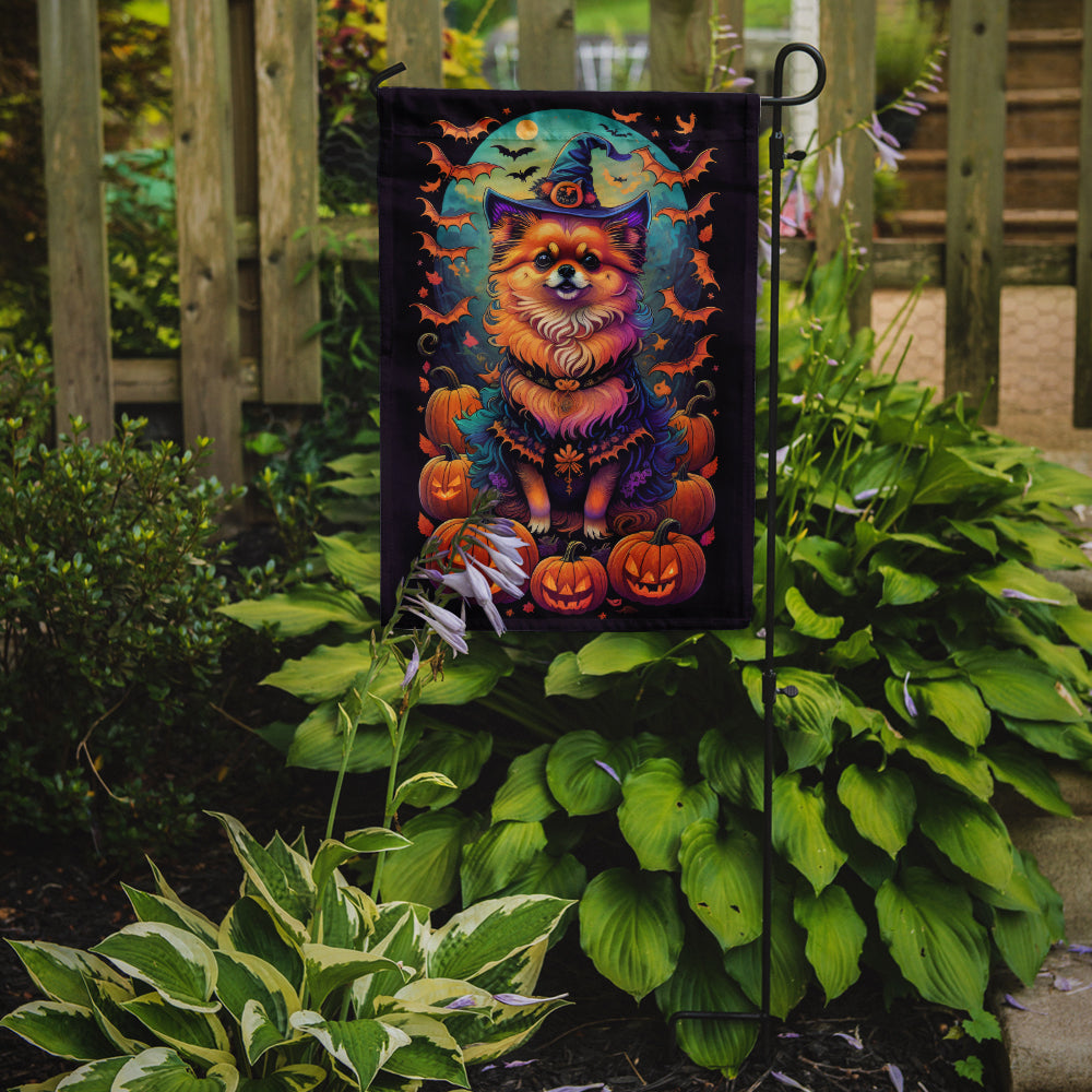 Pomeranian Witchy Halloween Garden Flag – Witch Dog with Pumpkins, Bats & Jack-o'-Lanterns