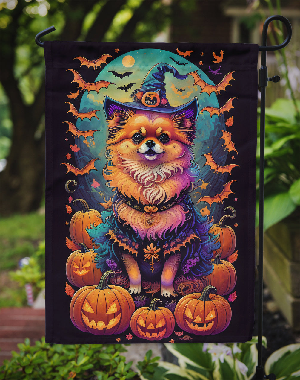 Pomeranian Witchy Halloween Garden Flag – Witch Dog with Pumpkins, Bats & Jack-o'-Lanterns