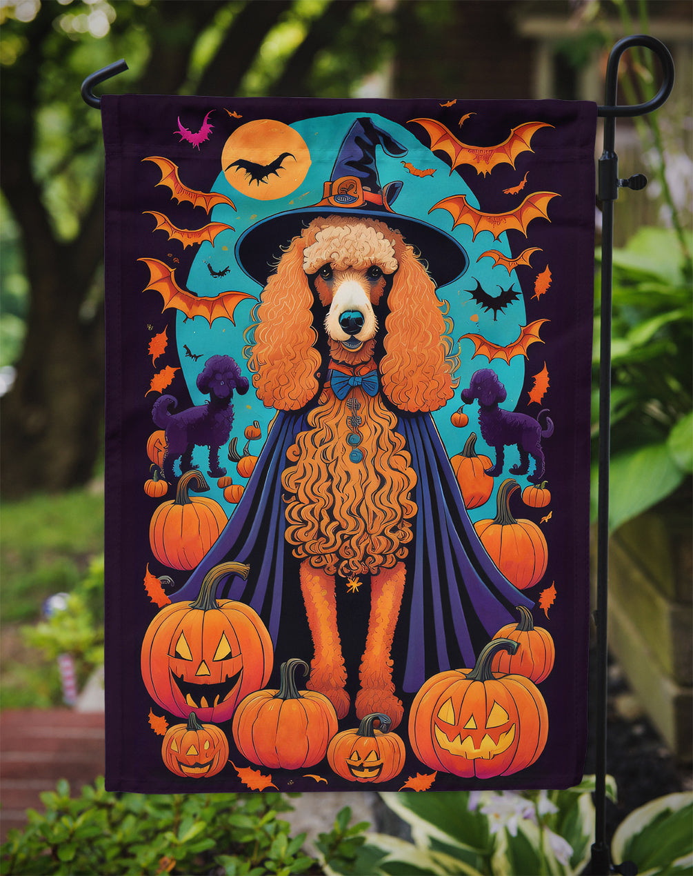 Apricot Standard Poodle Witchy Halloween Garden Flag – Witch Dog with Pumpkins, Bats & Jack-o'-Lanterns