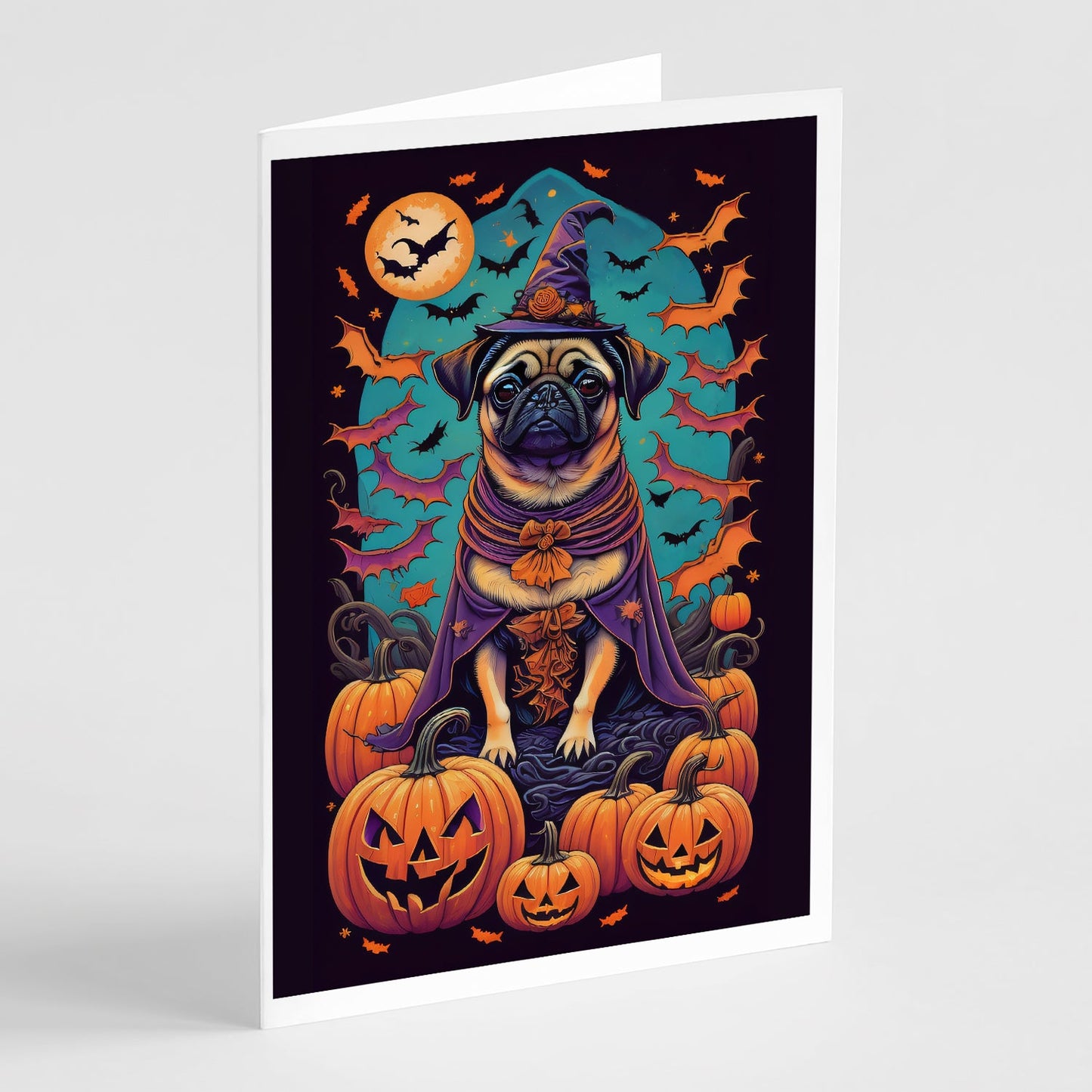 Pug Witchy Halloween Greeting Cards and Envelopes Pack of 8