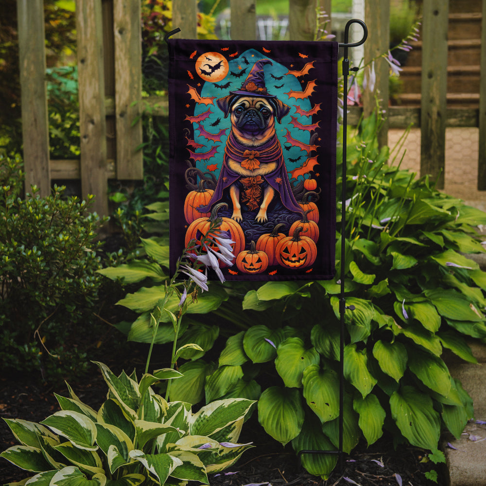 Pug Witchy Halloween Garden Flag – Witch Dog with Pumpkins, Bats & Jack-o'-Lanterns
