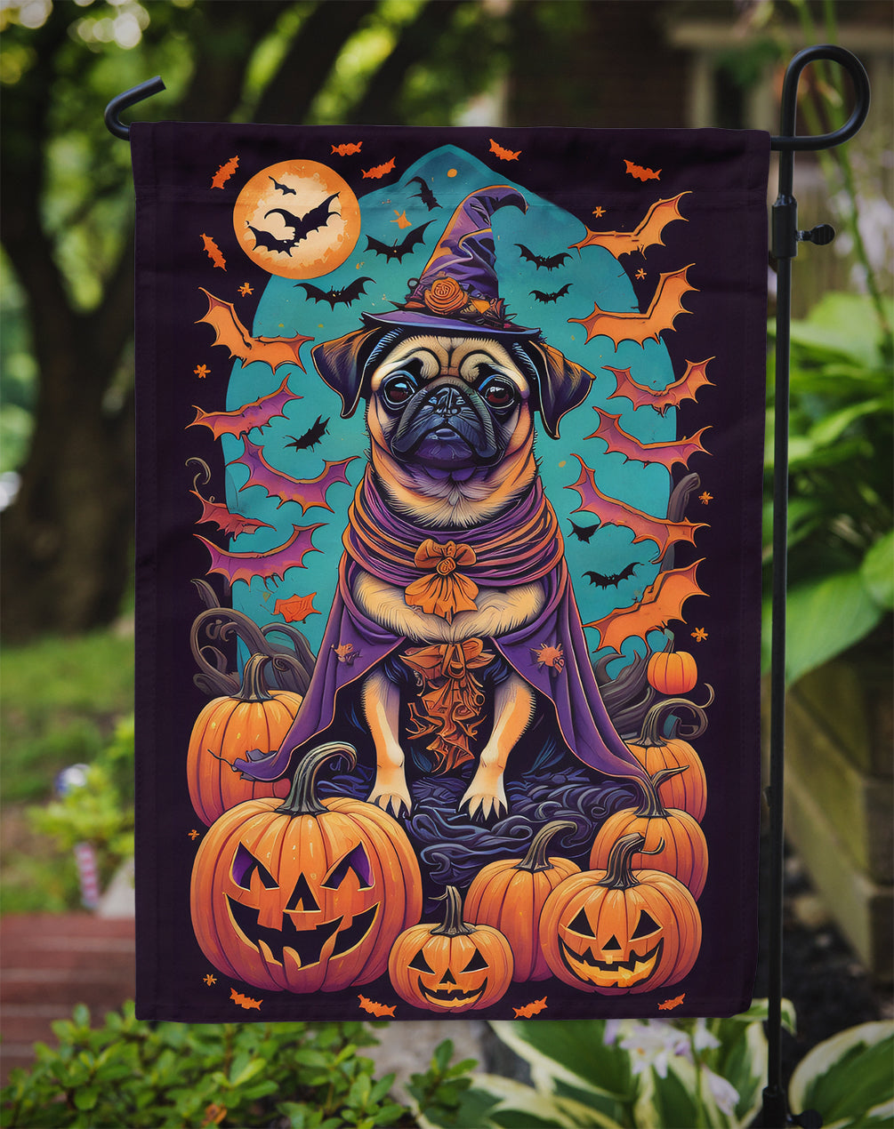 Pug Witchy Halloween Garden Flag – Witch Dog with Pumpkins, Bats & Jack-o'-Lanterns