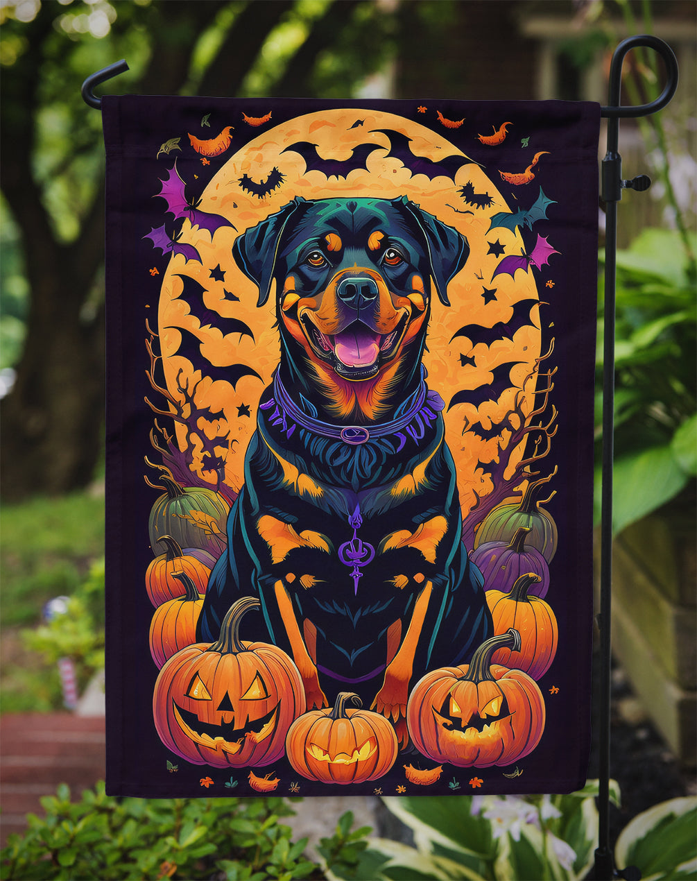 Rottweiler Witchy Halloween Garden Flag – Witch Dog with Pumpkins, Bats & Jack-o'-Lanterns