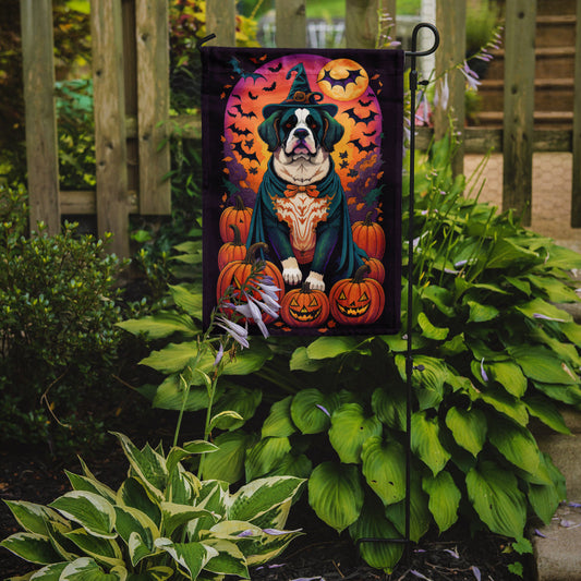 Saint Bernard Witchy Halloween Garden Flag – Witch Dog with Pumpkins, Bats & Jack-o'-Lanterns