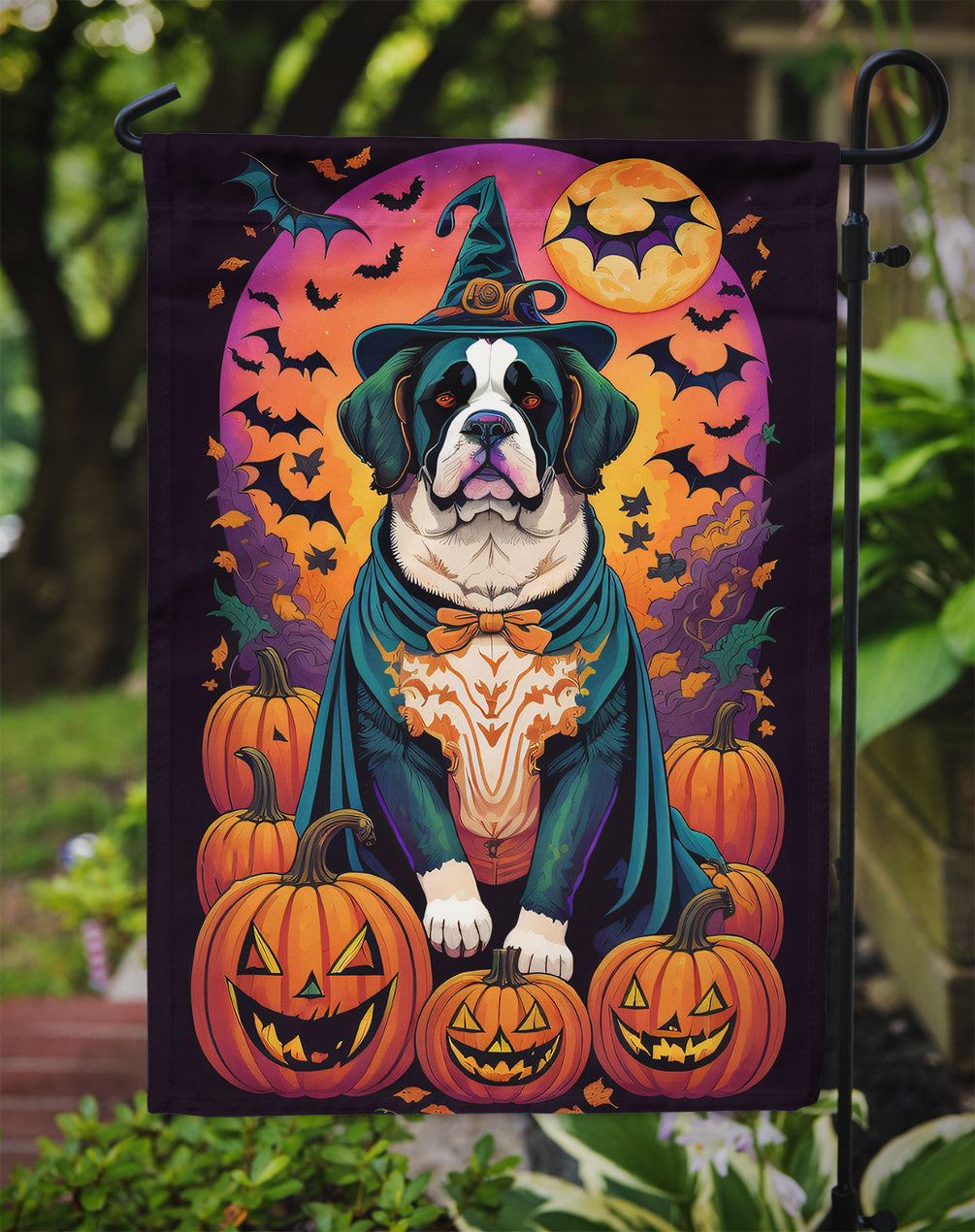 Saint Bernard Witchy Halloween Garden Flag – Witch Dog with Pumpkins, Bats & Jack-o'-Lanterns