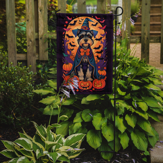 Schnauzer Witchy Halloween Garden Flag – Witch Dog with Pumpkins, Bats & Jack-o'-Lanterns