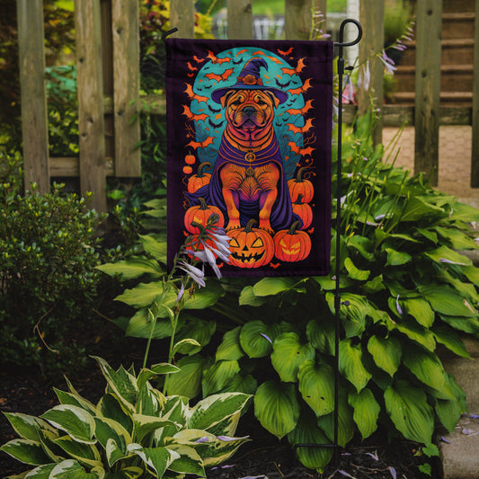 Shar Pei Witchy Halloween Garden Flag – Witch Dog with Pumpkins, Bats & Jack-o'-Lanterns