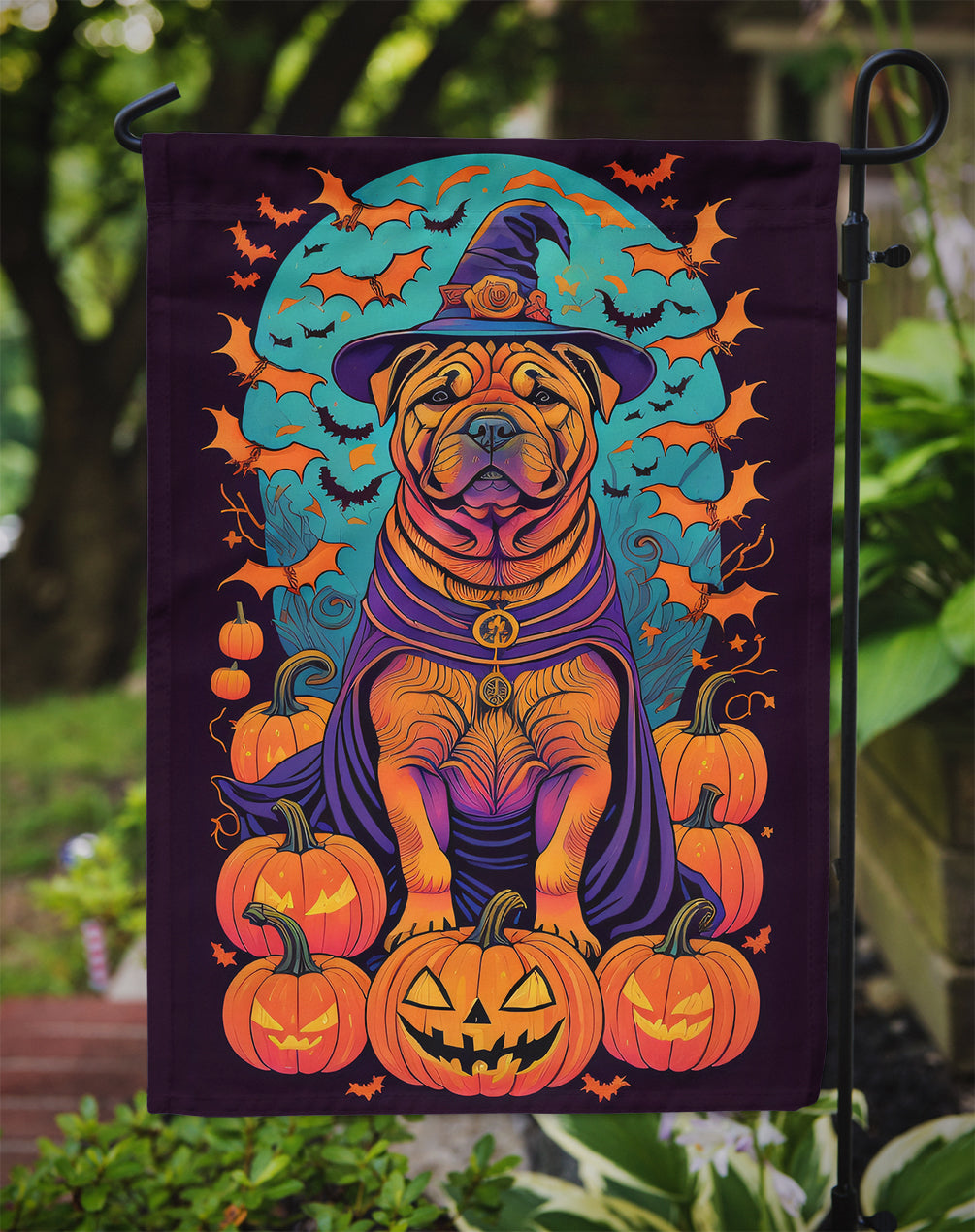 Shar Pei Witchy Halloween Garden Flag – Witch Dog with Pumpkins, Bats & Jack-o'-Lanterns