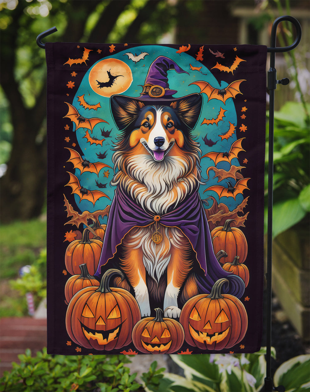 Sheltie Witchy Halloween Garden Flag – Witch Dog with Pumpkins, Bats & Jack-o'-Lanterns