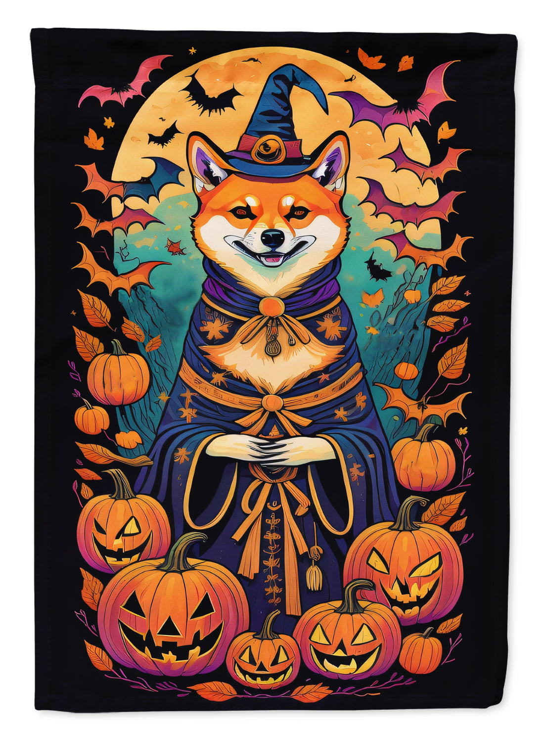 Shiba Inu Witchy Halloween Garden Flag – Witch Dog with Pumpkins, Bats & Jack-o'-Lanterns
