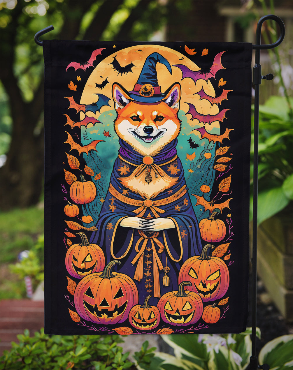Shiba Inu Witchy Halloween Garden Flag – Witch Dog with Pumpkins, Bats & Jack-o'-Lanterns