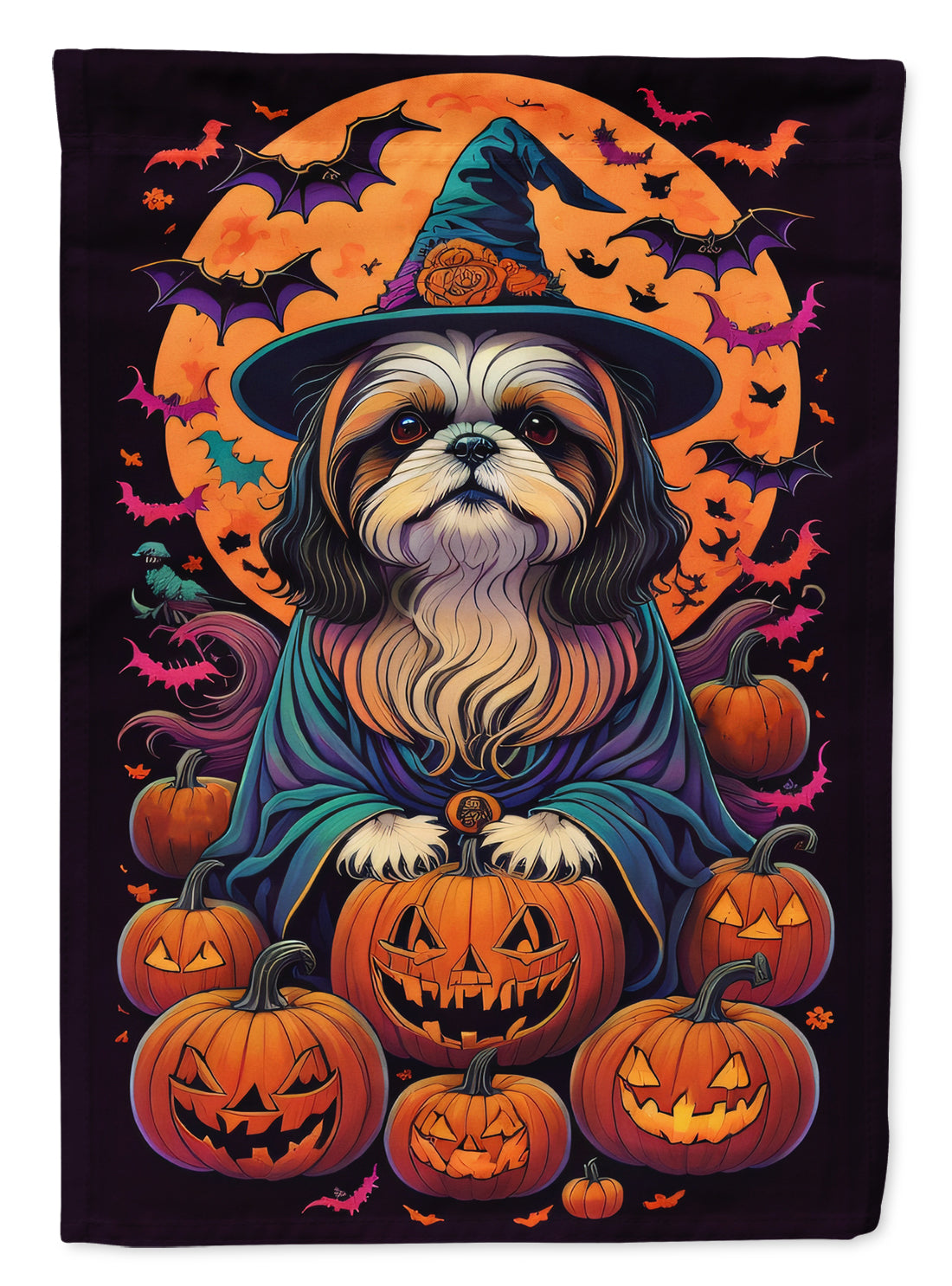 Shih Tzu Witchy Halloween Garden Flag – Witch Dog with Pumpkins, Bats & Jack-o'-Lanterns