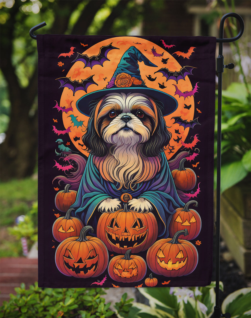 Shih Tzu Witchy Halloween Garden Flag – Witch Dog with Pumpkins, Bats & Jack-o'-Lanterns
