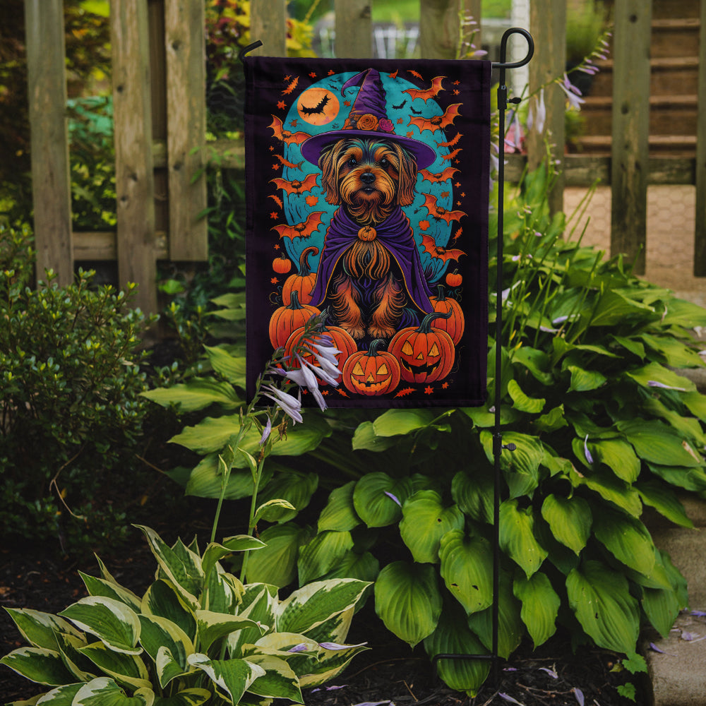 Silky Terrier Witchy Halloween Garden Flag – Witch Dog with Pumpkins, Bats & Jack-o'-Lanterns