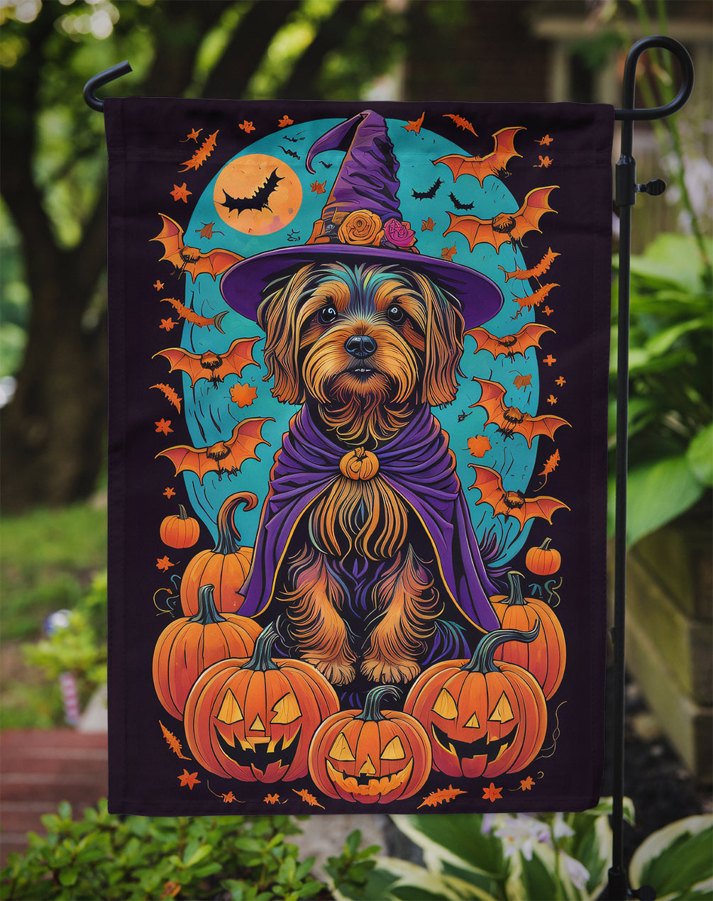 Silky Terrier Witchy Halloween Garden Flag – Witch Dog with Pumpkins, Bats & Jack-o'-Lanterns