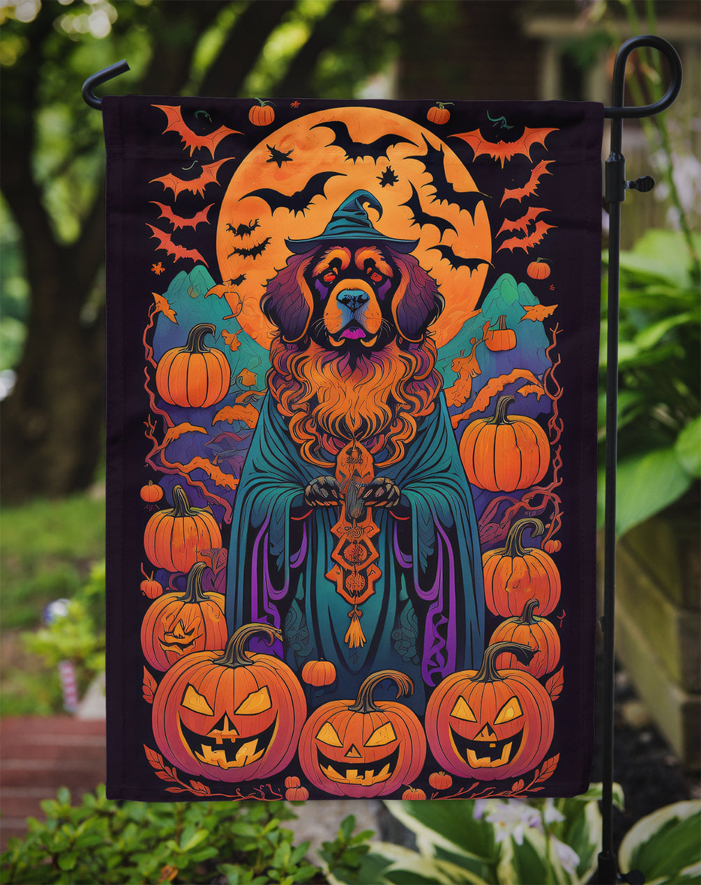 Tibetan Mastiff Witchy Halloween Garden Flag – Witch Dog with Pumpkins, Bats & Jack-o'-Lanterns