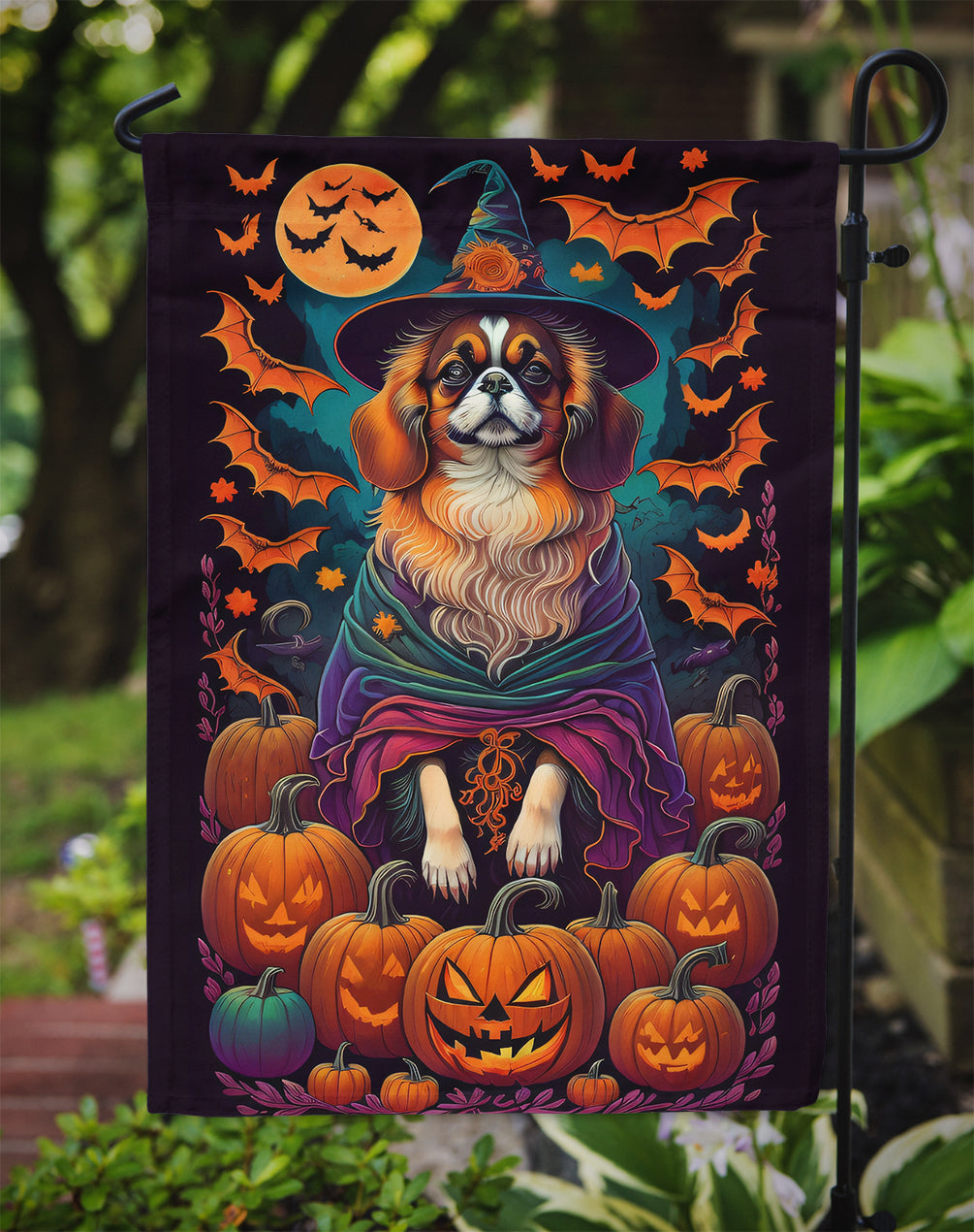 Tibetan Spaniel Witchy Halloween Garden Flag – Witch Dog with Pumpkins, Bats & Jack-o'-Lanterns