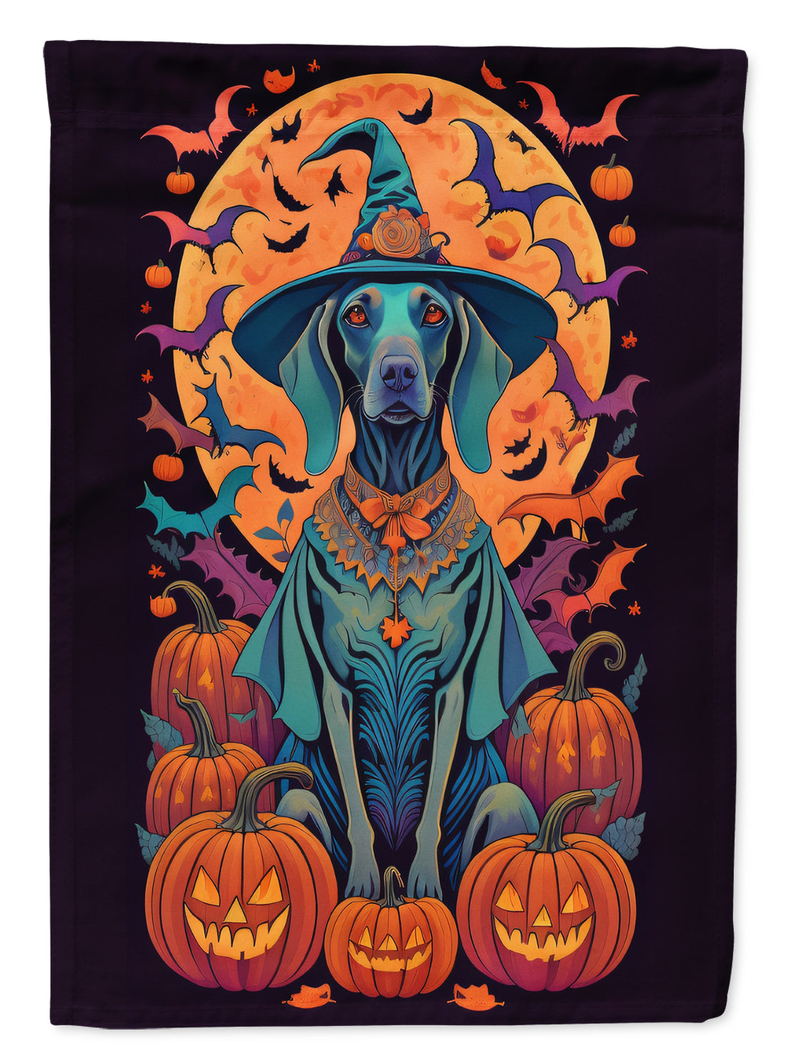 Weimaraner Witchy Halloween Garden Flag – Witch Dog with Pumpkins, Bats & Jack-o'-Lanterns