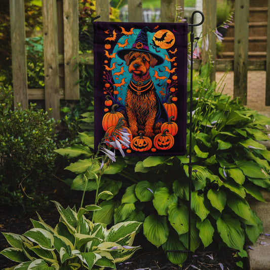 Welsh Terrier Witchy Halloween Garden Flag – Witch Dog with Pumpkins, Bats & Jack-o'-Lanterns