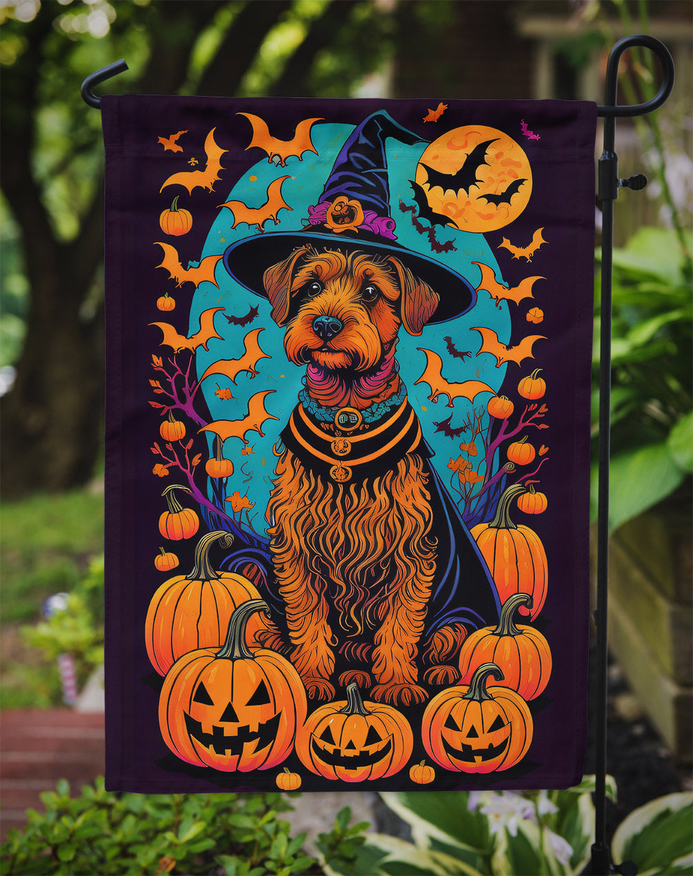 Welsh Terrier Witchy Halloween Garden Flag – Witch Dog with Pumpkins, Bats & Jack-o'-Lanterns