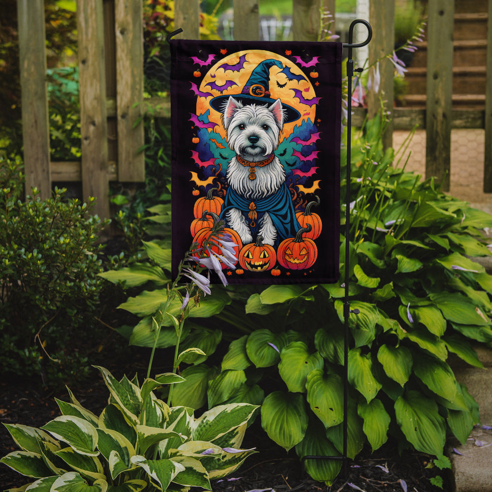 Westie Witchy Halloween Garden Flag – Witch Dog with Pumpkins, Bats & Jack-o'-Lanterns
