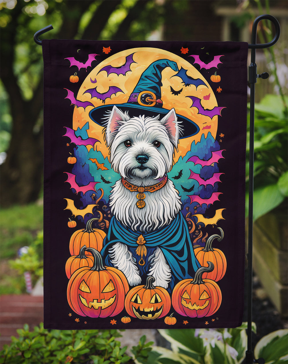 Westie Witchy Halloween Garden Flag – Witch Dog with Pumpkins, Bats & Jack-o'-Lanterns