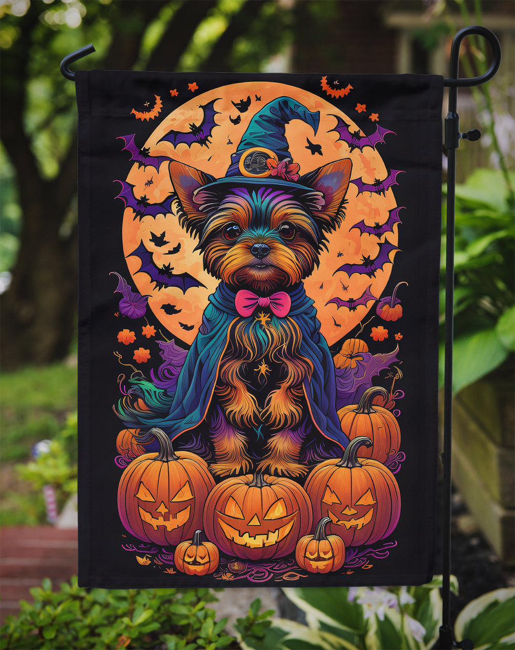 Yorkie Witchy Halloween Garden Flag – Witch Dog with Pumpkins, Bats & Jack-o'-Lanterns