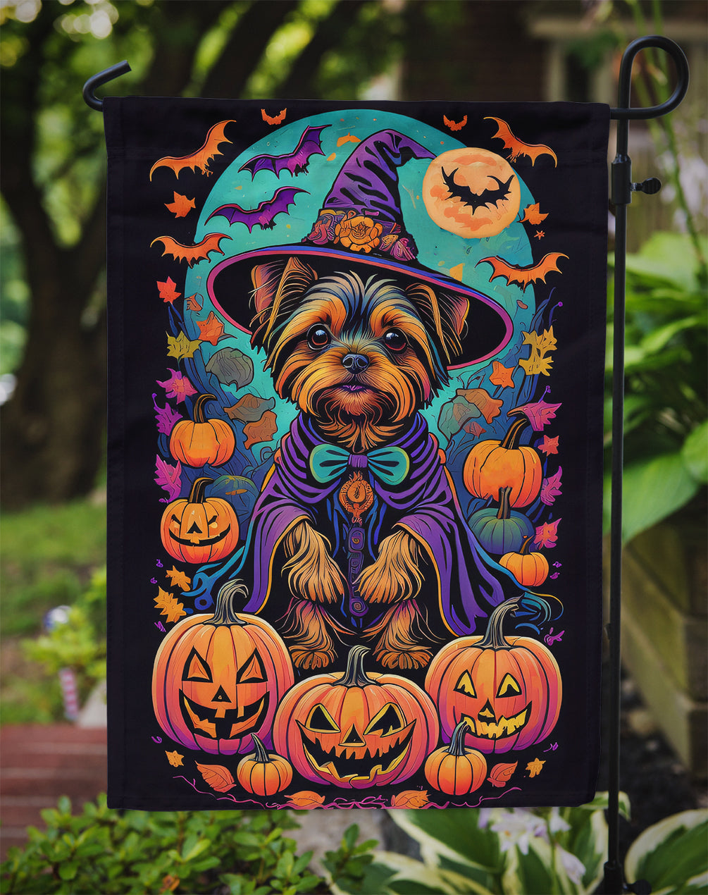 Yorkie Witchy Halloween Garden Flag – Witch Dog with Pumpkins, Bats & Jack-o'-Lanterns