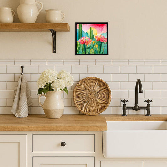 Arizona Saguaro Cactus Blossom in Watercolor Framed Metal Print