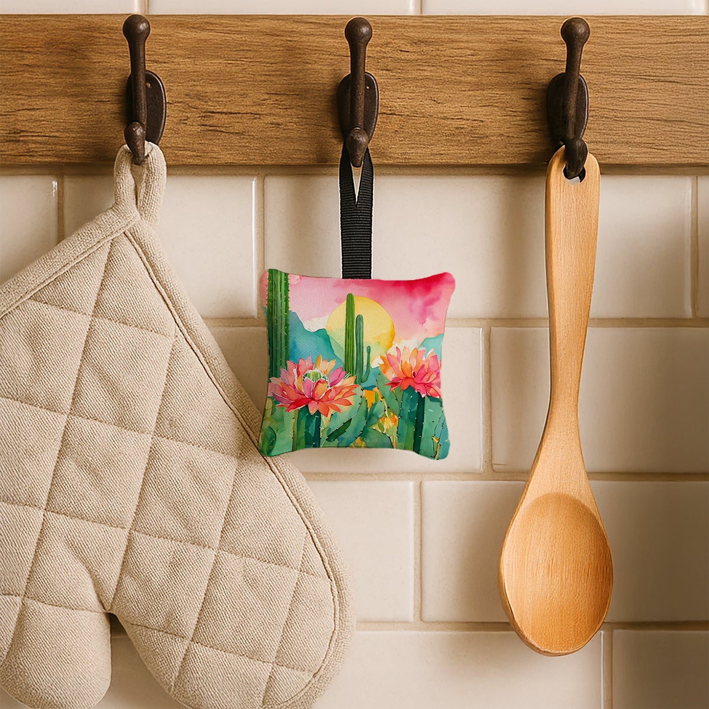 Arizona Saguaro Cactus Blossom in Watercolor Hanging Square Fabric Ornament 3.5 × 3.5