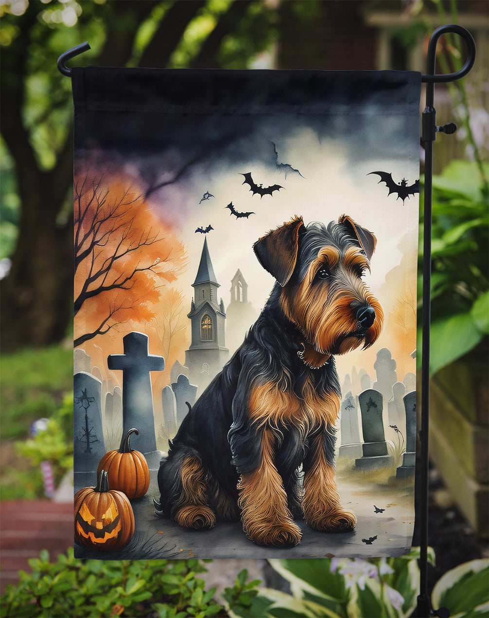 Airedale Terrier Spooky Halloween Garden Flag – Dog in Cemetery Scene