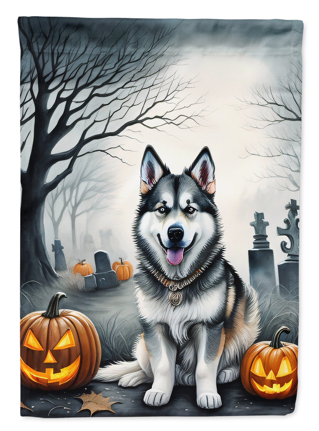 Alaskan Malamute Spooky Halloween Garden Flag – Dog in Cemetery Scene