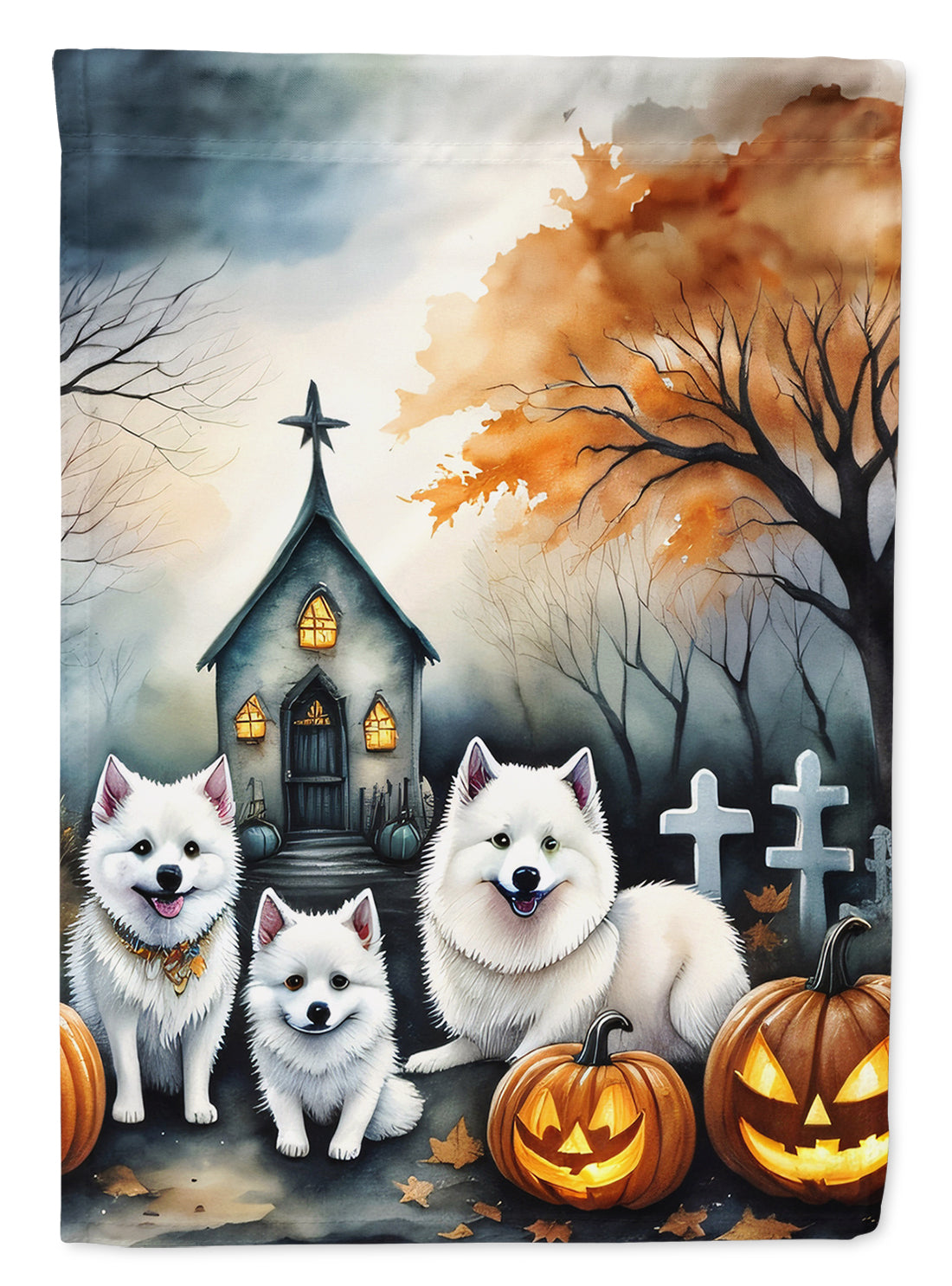 American Eskimo Spooky Halloween Garden Flag – Dog in Cemetery Scene