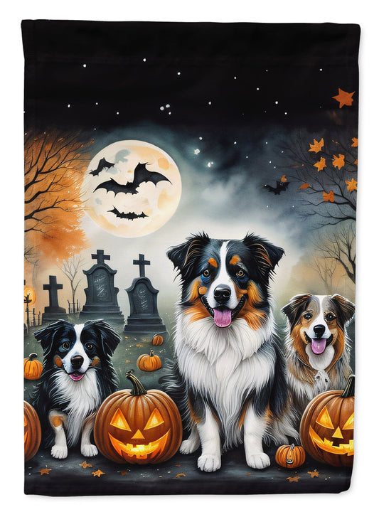 Australian Shepherd Spooky Halloween Garden Flag – Dog in Cemetery Scene