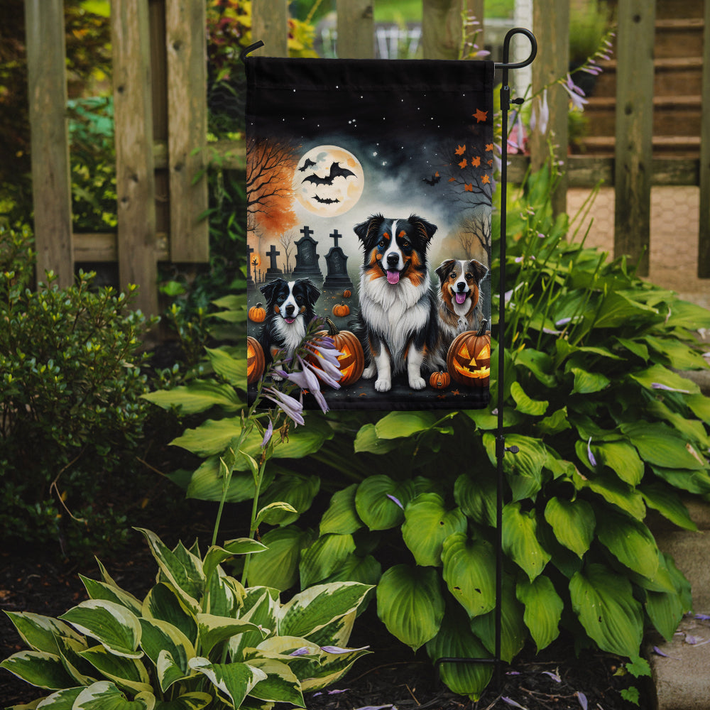 Australian Shepherd Spooky Halloween Garden Flag – Dog in Cemetery Scene